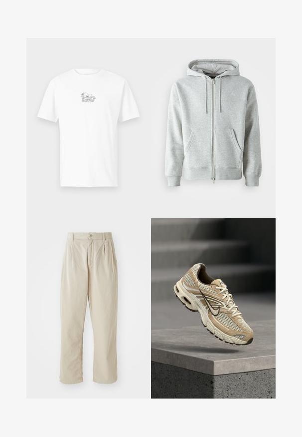 Sweat à capuche zippé gris avec cordon de serrage, doté de poches latérales, de poignets côtelés et d'un logo discret sur la poitrine. Texture de tissu douce.; T-shirt en coton blanc avec une illustration subtile en gris d'un homard et le texte "Appelle tes amis" centré sur la poitrine. Coupe classique.; Pantalons beiges légers avec une coupe décontractée, plis rentrés à l'avant, fermeture à bouton et ourlets retroussés. Texture lisse, design minimal.; Chaussure de running Nike beige et blanche avec panneaux en mesh et swoosh noir, flottant au-dessus d'un rebord en béton avec des escaliers flous en arrière-plan.