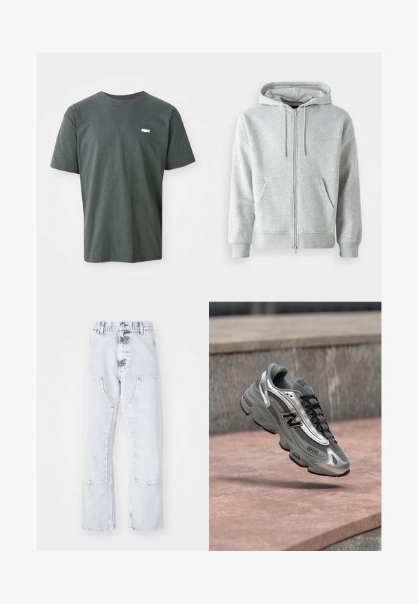 Grå zip-up hættetrøje med snørebånd i hætten, der har sidelommer, ribbede manchetter og et diskret logo på brystet. Blød stoftekstur.; Mørkegrøn bomulds t-shirt med korte ærmer, rund hals, der har et lille hvidt "OBEY" logo på venstre brystområde.; Lys blå denim straight-leg jeans med patchlommer, høj talje og en falmet overflade. Har tonede syninger og en afslappet pasform.; Grå og sølvfarvet New Balance-sneaker mærket "1000", der svæver over en rosafarvet stenet overflade med en grå stenvæg i baggrunden.