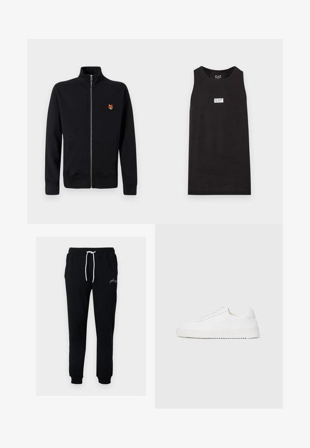 Sweatshirt zippé noir en tissu doux, avec un col montant et un petit motif de renard brodé sur le côté gauche.; Débardeur de sport noir sans manches avec un motif camouflage subtil et un logo blanc centré EA7 Emporio Armani sur la poitrine.; Pantalon de survêtement noir en tissu mélange de coton. Dispose d'une taille à cordon avec des liens blancs et d'un petit logo brodé blanc près de la hanche.; Sneaker blanc avec une tige en cuir lisse, bout rond, lacets, accents latéraux texturés et une épaisse semelle en caoutchouc. Design minimaliste.