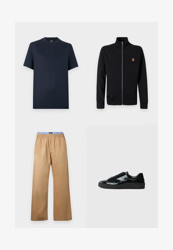 Sweatshirt zippé noir en tissu doux, avec un col montant et un petit motif de renard brodé sur le côté gauche.; T-shirt en coton bleu marine à manches courtes, avec un logo ailé Aston Martin texturé sur le devant. Col rond classique, coupe décontractée.; Pantalon beige à jambes larges avec ceinture élastique et bande intérieure rayée bleu et blanc, présenté à plat sur un fond blanc.; Baskets en cuir verni noir avec un bout arrondi, un laçage, une semelle en caoutchouc texturé et une finition lisse.