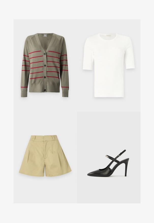 Cardigan vert olive avec col en V, fermeture à boutons et rayures horizontales rouges. Comprend des manches longues et des poignets côtelés. Texture douce.; T-shirt blanc côtelé à manches courtes avec col rond, présenté sur un fond gris clair.; Short beige taille haute avec passants pour ceinture, plis à l’avant et jambes légèrement évasées.; Escarpins slingback en cuir noir avec bout pointu, design ajouré et bride ajustable ornée de ferrures métalliques.