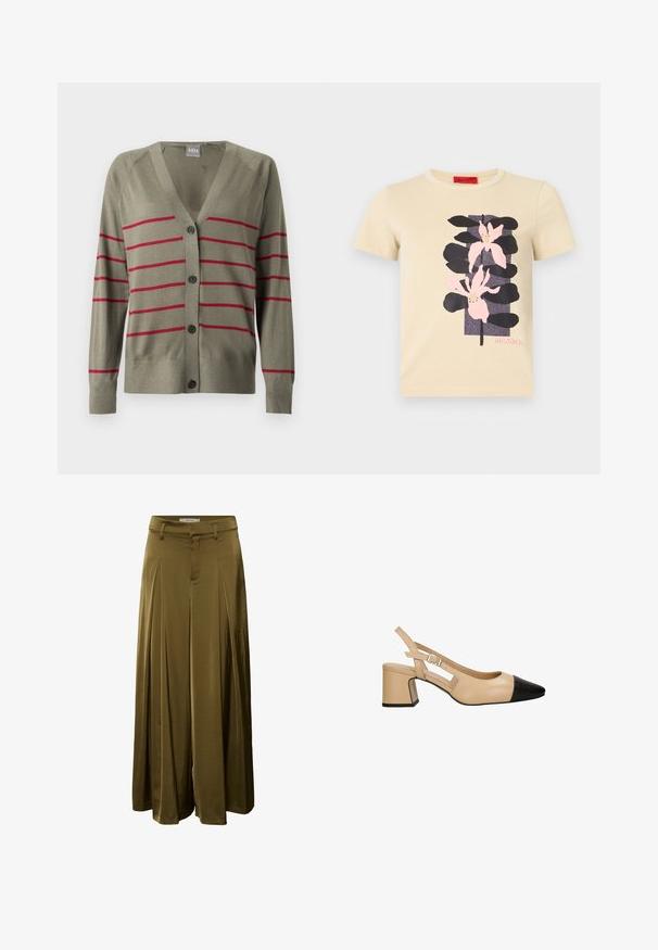Olijfgroene cardigan met V-hals, knoopsluiting en rode horizontale strepen. Voorzien van lange mouwen en geribbelde manchetten. Zachte textuur.; Beige T-shirt met korte mouwen, zwart-roze bloemenprint en het logo "MAX&Co." onder het ontwerp.; Wijde olijfgroene satijnen broek met plooien aan de voorkant, riemlussen en een verborgen voorpand.; Beige slingback hak met een zwarte lakleder teenkap, vierkante blokhak en een verstelbare band met gesp. Gladde textuur overal.