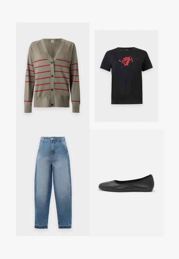 Cardigan vert olive avec col en V, fermeture à boutons et rayures horizontales rouges. Comprend des manches longues et des poignets côtelés. Texture douce.; T-shirt noir à manches courtes avec un graphisme rouge d'un cupidon tenant un arc et une flèche, centré sur la poitrine.; Jean en denim bleu clair avec taille haute, coupe ample, conception à cinq poches et ourlets effilochés. Comprend des coutures classiques et une fermeture éclair.; Ballerines en cuir noir avec un bout rond, texture lisse, détails de couture minimalistes et design de semelle flexible.