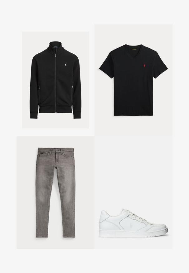 Chaqueta negra con cremallera, cuello alto, dos bolsillos con cremallera y pequeño logo blanco de Polo Ralph Lauren en el pecho izquierdo.; Camiseta negra de manga corta con escote en V y pequeño logo rojo de Polo Ralph Lauren en el pecho izquierdo.; Jeans de mezclilla gris, ajuste slim, con piernas rectas. Presentan un diseño clásico de cinco bolsillos, detalles de costura y una ligera textura descolorida.; Zapatilla de cuero blanca con textura suave, que presenta una puntera perforada, cierre de cordones y logo bordado en el lateral. Suela de goma blanca.