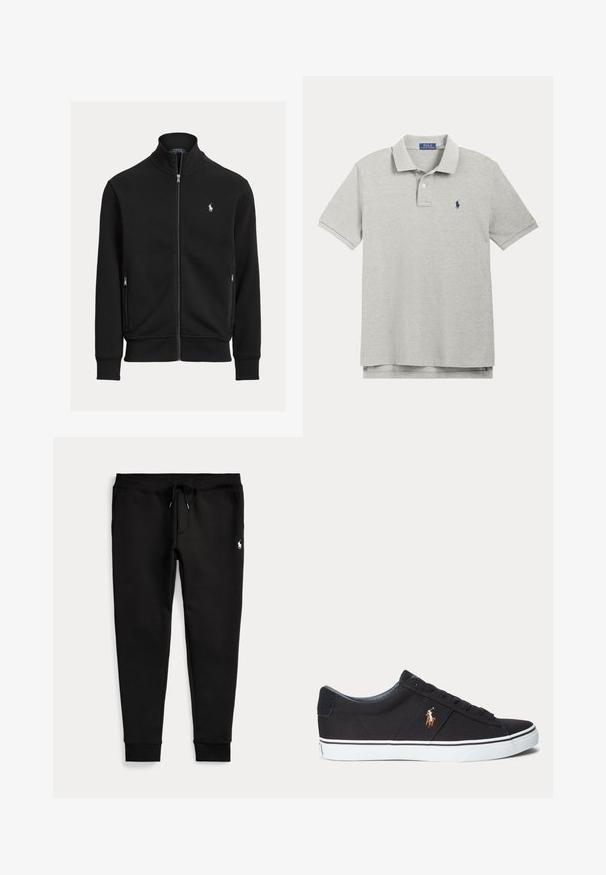 Mustast lukuga jakk, millel on püstkrae, kaks lukuga taskut ja väike valge Polo Ralph Laureni logo vasakul rinnal.; Hall hall triiksärk puuvillast, millel on klassikaline krae, lühikesed varrukad ja väike sinine logo vasakul rinnal.; Mustad jogger-püksid, mansettidega pahkluude juures, nööriga vöökoht, küljetaskud ja väike valge polo mängija logo paremal reiel.; Must madala säärega toss valge tallaga ja külje peal tikitud polo mängija logoga, paeltega kinnitusega ja tekstureeritud kangast pealiskihiga.