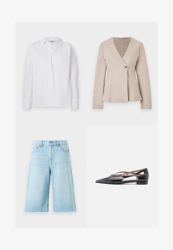 Beige jas van een wolmix met een V-hals, lange mouwen en een sluiting met één knoop. Het heeft getailleerde naden en een uitlopende zoom.; Witte button-up shirt van katoen, met lange mouwen, een klassieke kraag en subtiele stikdetails.; Lichtblauwe denim shorts met een losse pasvorm, een rafelige zoom, vijf zakken en metalen hardware. Klassiek jeansontwerp met subtiele vervaging.; Zwarte leren platte schoenen met een puntige neus, open zijkanten en een klein enkelbandje met een zilveren gespaccent.