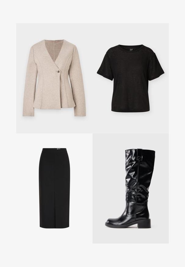 Beige Jacke aus Wollmischung mit V-Ausschnitt, langen Ärmeln und einem einzelnen Knopfverschluss. Sie verfügt über taillierte Nähte und einen ausgestellten Saum.; Schwarzes T-Shirt mit kurzen Ärmeln und Rundhalsausschnitt, lockerem Schnitt und dezenter Textur, vor einem schlichten hellen Hintergrund präsentiert.; Schwarzer Midirock mit hoher Taille, Bleistiftschnitt, vorderem Schlitz und verdecktem Reißverschluss vor weißem Hintergrund.; Schwarze knöchelhohe Stiefel aus glänzendem synthetischem Material mit runder Zehenpartie und moderatem Blockabsatz. Besitzt ein schlabberiges Design und seitliche Einsätze.