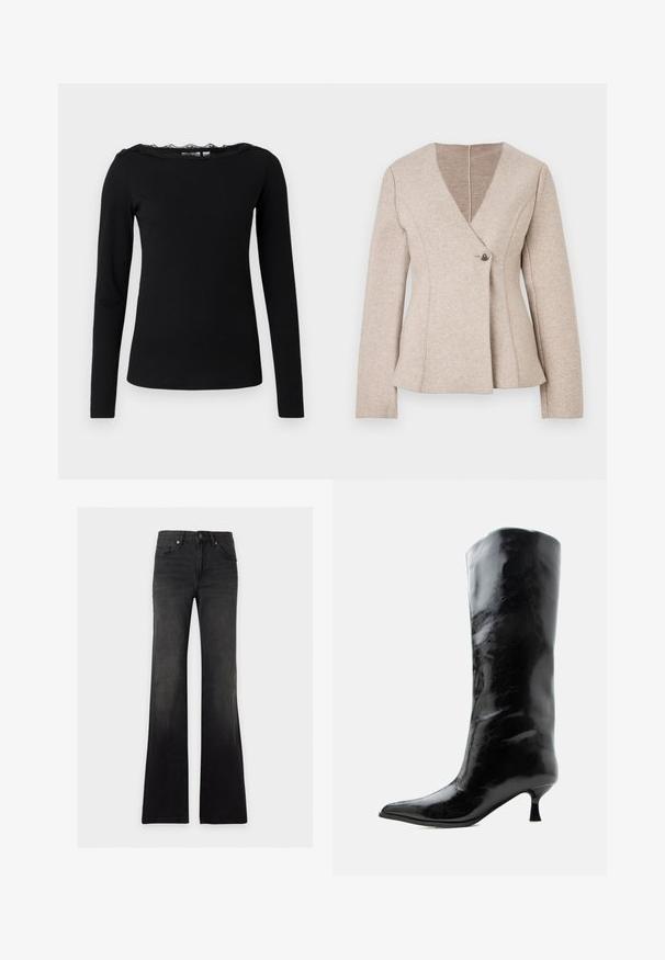 Beige Jacke aus Wollmischung mit V-Ausschnitt, langen Ärmeln und einem einzelnen Knopfverschluss. Sie verfügt über taillierte Nähte und einen ausgestellten Saum.; Schwarzes Langarmoberteil aus geripptem Stoff. Mit einem gewellten Spitzenkragen. Schlichte, figurschmeichelnde Silhouette mit geradem Saum.; Schwarze High-Waist-Flare-Jeans mit Vordertaschen, Gürtelschlaufen, Knopfverschluss und einem ausgewaschenen Waschungseffekt.; Schwarzer glänzender kniehoher Lederstiefel mit spitzer Spitze und niedrigem, gebogenem Absatz auf einfachem hellem Hintergrund.