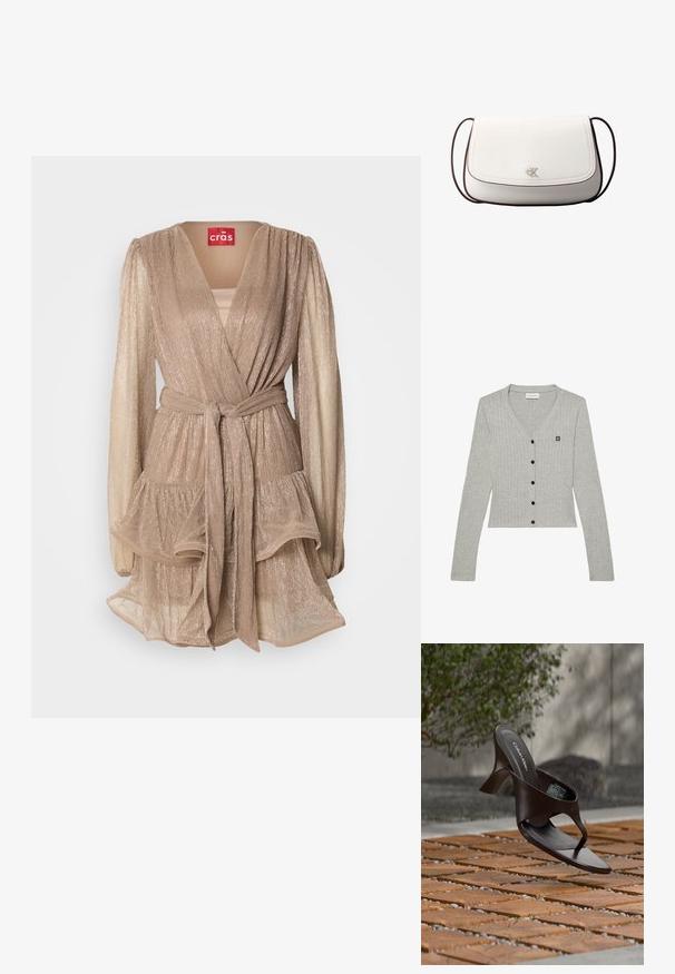 Lichtgrijze, geribbelde lange mouw cardigan met V-hals, zwarte knopen in het midden en een klein zwart "cK" logo-patch op de linkerborst.; Beige metallic wikkeljurk met lange pofmouwen, een gelaagde rok met ruches en een bijpassende riem. Kenmerkt zich door een diepe V-hals en een zachte glans.; Bruine Calvin Klein teenslipper met hak, hangend boven houten tegels en grind op een buitenvloer met een vage achtergrond van groen en stenen.; Witte schoudertas met klepsluiting, klein zilveren "cK"-logo in het midden en dunne donkerbruine verstelbare band.