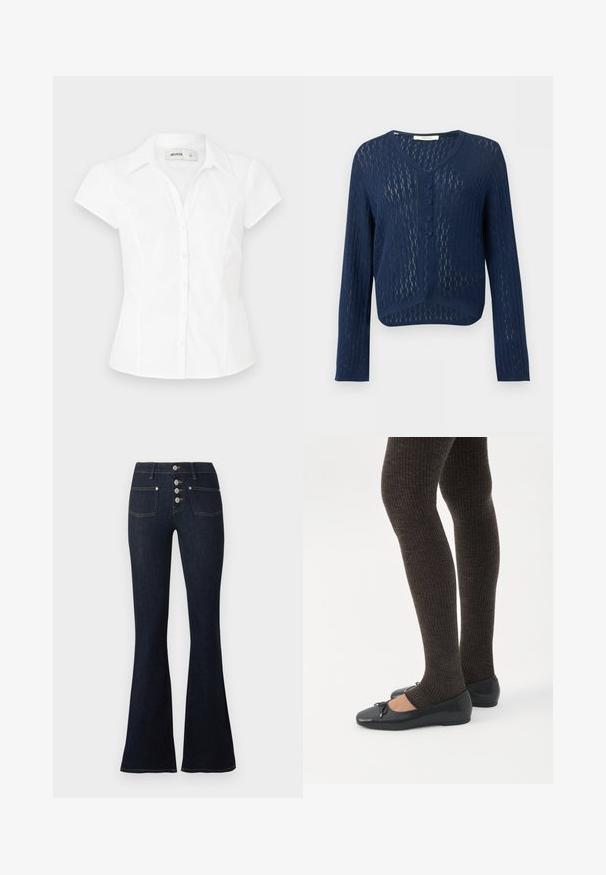 Cardigan en tricot bleu marine à manches longues, col en V, devant boutonné, motif texturé transparent, coupe courte.; Blouse blanche à manches courtes avec un col, dotée d'une coupe ajustée et de deux rangées de boutons sur le devant. Texture en coton lisse.; Jean flare taille haute bleu foncé avec fermeture devant à quatre boutons et deux poches avant, présenté sur fond blanc.; Jambes portant des leggings côtelés foncés associés à des ballerines noires avec de petits détails en nœud sur fond blanc.