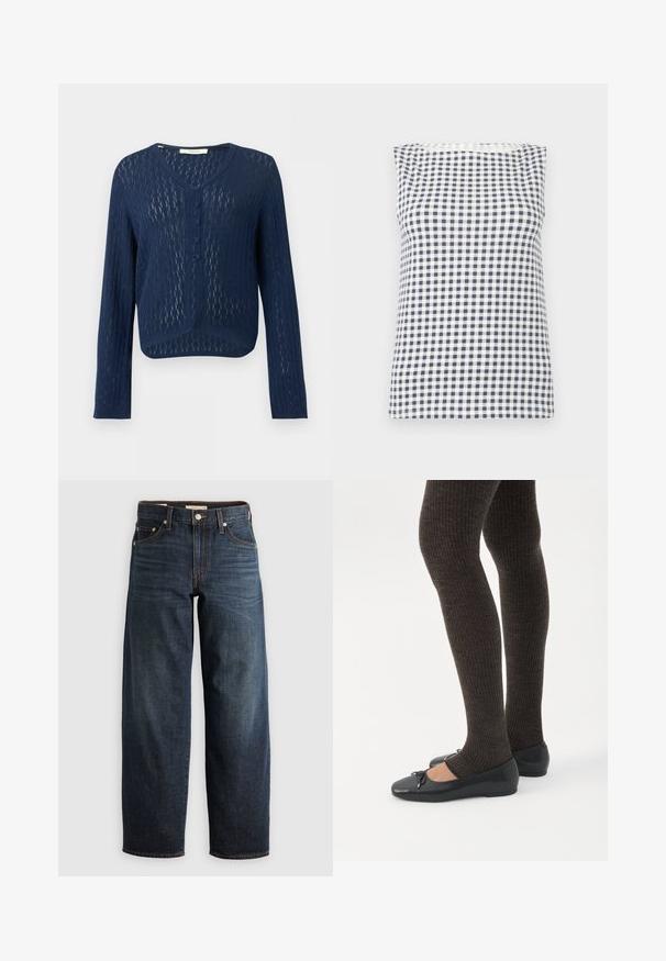 Marineblauwe gebreide cardigan met lange mouwen, V-hals, knoopsluiting aan de voorkant en doorzichtig gestructureerd patroon, cropped fit.; Mouwloos topje met zwart-wit geruit patroon, ronde halslijn en rechte zoom.; Donkerblauwe jeans van denim, met een recht model, vijf-pocketstijl en stiksels met een knoopsluiting.; Benen met donkere geribbelde leggings gecombineerd met zwarte ballerina's met kleine strikdetails op een witte achtergrond.