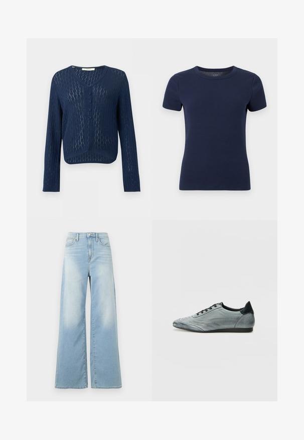 Cardigan en tricot bleu marine à manches longues, col en V, devant boutonné, motif texturé transparent, coupe courte.; T-shirt à manches courtes en maille côtelée bleu marine avec encolure ronde et silhouette ajustée sur fond blanc.; Jean large bleu clair à taille haute, avec boutons à l'avant et poches, présenté sur un fond blanc.; Baskets en cuir gris clair au design épuré, avec des détails cousus, des lacets noirs et un accent de talon foncé. Semelle en caoutchouc.