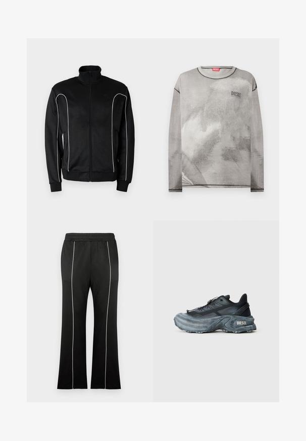 Veste de survêtement noire à fermeture éclair avec col montant, liseré blanc le long des manches et poignets côtelés. Fabriquée en tissu doux et extensible.; Sweat-shirt Diesel gris clair à manches longues avec un imprimé abstrait subtil et des détails de surpiqûres noires contrastantes au niveau de l'encolure, des poignets et de l'ourlet.; Pantalon de sport noir avec une taille cintrée, doté de bandes blanches sur les côtés et d'une coupe évasée aux jambes. Fabriqué en tissu doux et extensible.; Baskets Diesel noires et grises avec semelle épaisse, système de laçage à bascule et design texturé sur fond gris clair uni.
