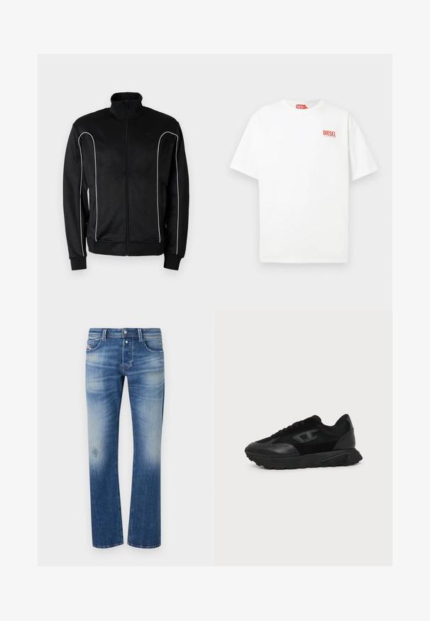 Veste de survêtement noire à fermeture éclair avec col montant, liseré blanc le long des manches et poignets côtelés. Fabriquée en tissu doux et extensible.; T-shirt blanc en coton à manches courtes avec un logo rouge "DIESEL" sur la poitrine gauche, bénéficiant d'une coupe décontractée et d'un design simple.; Jean en denim bleu avec des zones décolorées et usées, coupe droite, fermeture avant par bouton et zip, avec le design classique à cinq poches.; Baskets basses noires avec semelle texturée, dessus en mesh et cuir, fermeture à lacets devant, et petit logo embossé sur le panneau latéral.