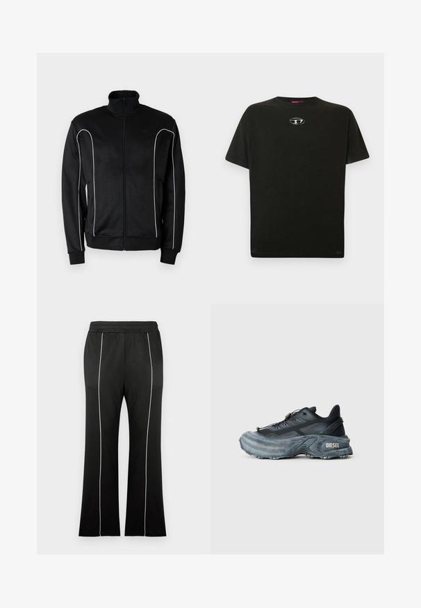 Veste de survêtement noire à fermeture éclair avec col montant, liseré blanc le long des manches et poignets côtelés. Fabriquée en tissu doux et extensible.; T-shirt en coton noir à manches courtes, col rond, avec un petit logo métallique sur la poitrine. Texture lisse et coupe droite.; Pantalon de sport noir avec une taille cintrée, doté de bandes blanches sur les côtés et d'une coupe évasée aux jambes. Fabriqué en tissu doux et extensible.; Baskets Diesel noires et grises avec semelle épaisse, système de laçage à bascule et design texturé sur fond gris clair uni.