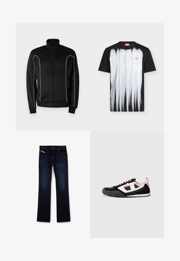 Schwarze Trainingsjacke mit Reißverschluss, Stehkragen, weißen Paspeln entlang der Ärmel und gerippten Bündchen. Hergestellt aus weichem, elastischem Stoff.; Schwarzes Diesel-T-Shirt mit kurzen Ärmeln, weißen vertikalen Streifen und einem verschwommenen großen Diesel-Logo auf der Vorderseite sowie einem kleinen roten Diesel-Label auf der Brust.; Dunkelblaue Jeans aus Denim mit geradem Bein, ausgestattet mit orangefarbenen Nähten, einem Reißverschluss und Vordertaschen. Glatte Textur und Standardbund.; Diesel S PAGODHA LOW - Sneaker low - black