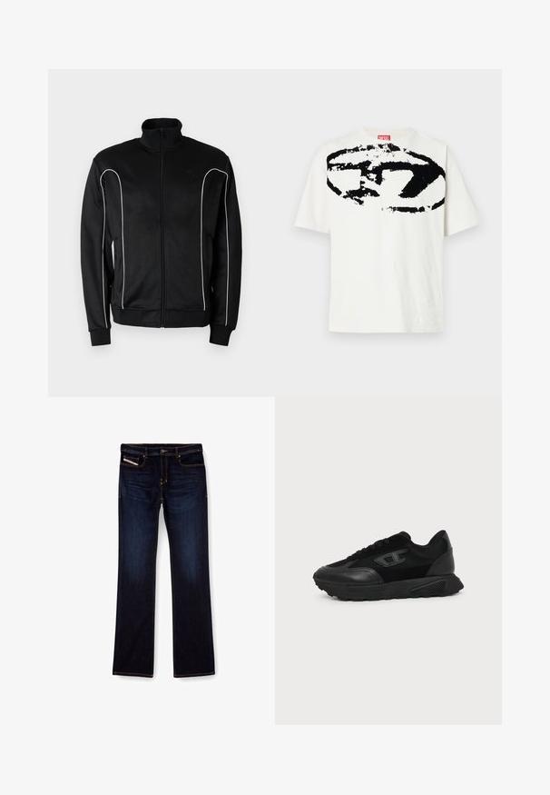 Veste de survêtement noire à fermeture éclair avec col montant, liseré blanc le long des manches et poignets côtelés. Fabriquée en tissu doux et extensible.; T-shirt en coton blanc avec un grand logo graphique noir sur le devant. Le design comprend des formes et des textures abstraites. Manches courtes.; Jean en denim bleu foncé avec une coupe droite, présentant des coutures orange, une fermeture éclair et des poches avant. Texture lisse et taille standard.; Baskets basses noires avec semelle texturée, dessus en mesh et cuir, fermeture à lacets devant, et petit logo embossé sur le panneau latéral.