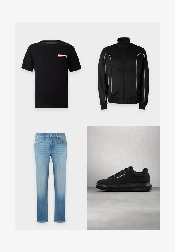 Schwarze Trainingsjacke mit Reißverschluss, Stehkragen, weißen Paspeln entlang der Ärmel und gerippten Bündchen. Hergestellt aus weichem, elastischem Stoff.; Schwarzes Baumwoll-T-Shirt mit einem kleinen Logodesign und einem rechteckigen Farbbereich in Rot und Weiß im linken Brustbereich.; Hellblaue Jeans mit geradem Bein, vorn mit Knopf, Reißverschluss, Gürtelschlaufen und kleinem Logo auf der rechten Vordertasche.; Schwarzer Karl Lagerfeld Sneaker mit schwarzen Schnürsenkeln, Gummisohle und Logodetails, schwebt über einem grauen Betonboden in der Nähe von Glasbausteinen.
