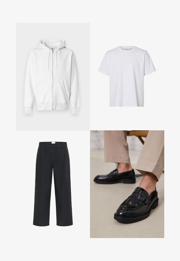 Witte hoodie met ritssluiting, gemaakt van een zachte stof met een buidelzak, trekkoorden en een klein logo op het bovenste linkerborstgedeelte.; Effen wit T-shirt met korte mouwen en ronde hals, met een regular fit en een gladde stoftextuur, weergegeven op een witte achtergrond.; Matinique MACHINO PLEAT 73 - Broek - black; Zwarte leren loafers met een gladde afwerking, voorzien van een decoratieve band en contrasterende stiksels, gecombineerd met beige broeken.