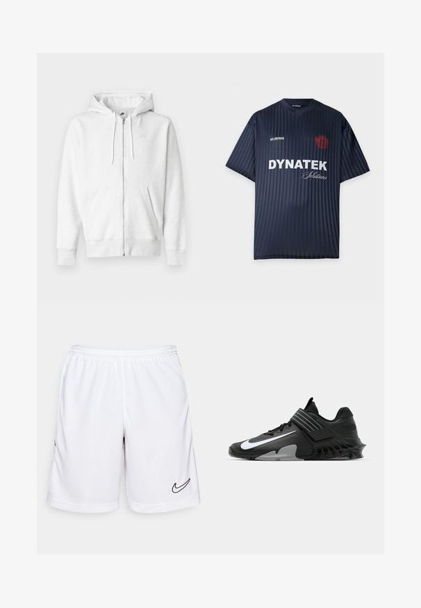 Witte hoodie met ritssluiting, gemaakt van een zachte stof met een buidelzak, trekkoorden en een klein logo op het bovenste linkerborstgedeelte.; Marineblauw sportshirt met korte mouwen en verticale strepen, witte tekst "DYNATEK Solutions", rood wapenschild en "HAN KJØBENHAVN" branding.; Witte sportshorts gemaakt van vochtregulerende stof, met een elastische tailleband en een zwart Nike-logo aan de linkerkant.; Zwarte sportchoenen met een slank ontwerp, voorzien van een opvallend wit Nike-logo, textuur overlays en een onderscheidende gemodelleerde zool.