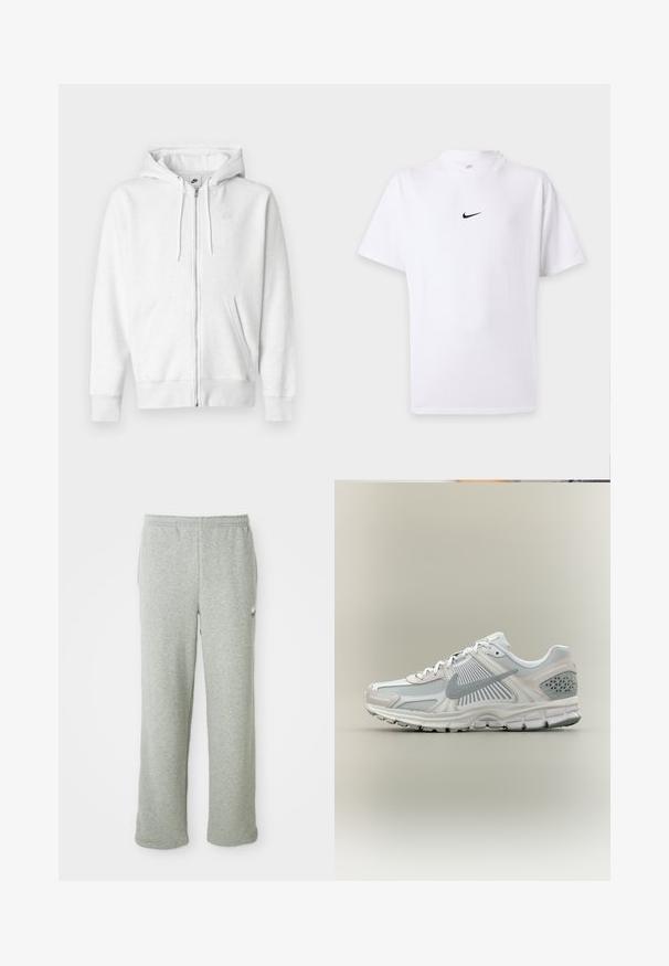 Hvid hættetrøje med lynlås, lavet af et blødt stof med en kængurulomme, snoretræk og et lille logo på øverste venstre brystområde.; Hvid T-shirt med korte ærmer med sort Nike swoosh-logo centreret på brystet og en enkel rund halsudskæring.; Grå sweatpants lavet af blødt bomuldsblandingsstof, med elastisk talje, lige ben-design og et lille logo på venstre side.; Hvid og grå Nike løbesko med mesh og syntetiske overlays, gråt swoosh-logo, polstret sål og struktureret hælstøtte.