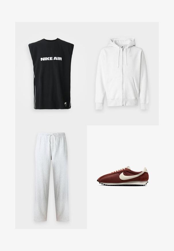Valge lukuga dressipluus pehmest kangast, millel on kängurutasku, nöörid ja väike logo ülemises vasakus rinnapiirkonnas.; Mustamata varukatega Nike Air särk valge logotekstiga, mis on keskendatud rinnale, ja väike must Nike Air silt allääres.; Hallid dressipüksid, mis on valmistatud pehmest kangast, millel on elastne vöökoht paelaga ja sirged sääred. Muster või aktsendid puuduvad.; Punane ja valge sportlik kets, millel on tekstuuriga kangas peal, nahkaktsendid ja must kummist talla. Omab silmapaistvat külglogo ja paeltes suletavust.