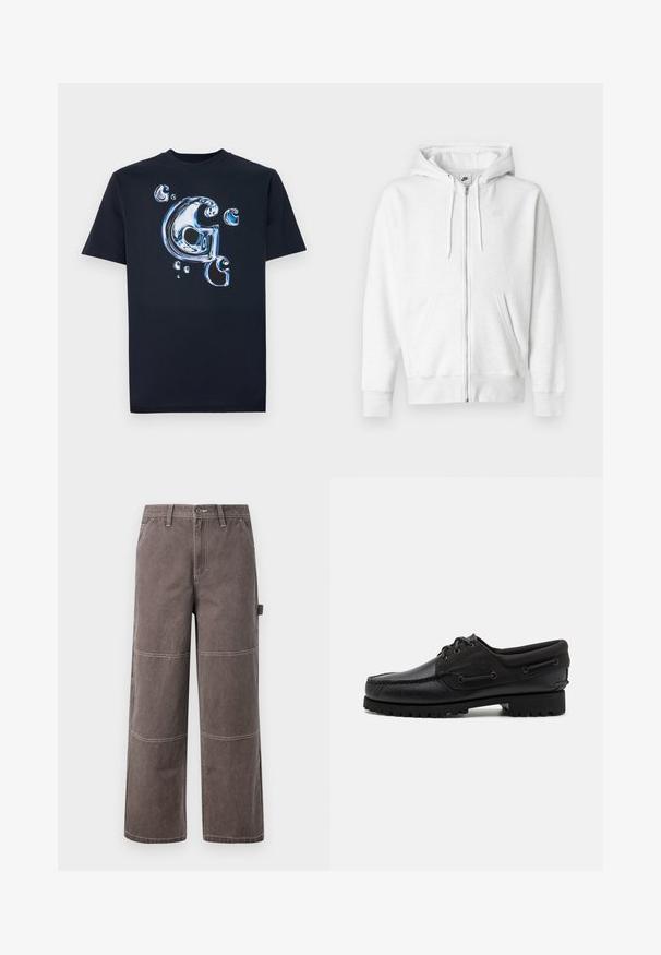Sudadera blanca con cremallera hecha de una tela suave, con bolsillo tipo canguro, cordones y un pequeño logo en la parte superior izquierda del pecho.; Camiseta de algodón negra con una letra "G" en estilo metálico brillante y burbujas en tonos de azul. Tienes mangas cortas y un ajuste clásico.; Pantalones de pierna ancha en un color marrón desgastado, hechos de un tejido duradero con costuras en contraste. Cuenta con detalles en panel y un bolsillo lateral.; Zapato negro con parte superior de cuero, acentos de textil, cordones redondos y suela de goma texturizada. Presenta costura de mocasín y detalle de marca.