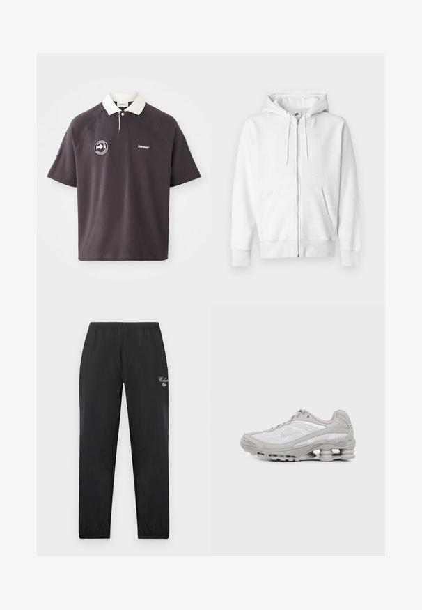 Sudadera blanca con cremallera hecha de una tela suave, con bolsillo tipo canguro, cordones y un pequeño logo en la parte superior izquierda del pecho.; Polo de color gris oscuro con cuello blanco, logo bordado en el pecho y mangas raglán cortas. Fabricado en material suave.; Pantalones de chándal negros ajustados con cintura y puños elásticos, bolsillos laterales y logotipo en forma de escritura blanca en el muslo derecho.; Zapatilla deportiva gris y blanca con suela visible de amortiguación de aire y paneles de malla, mostrada de perfil sobre un fondo claro y sencillo.