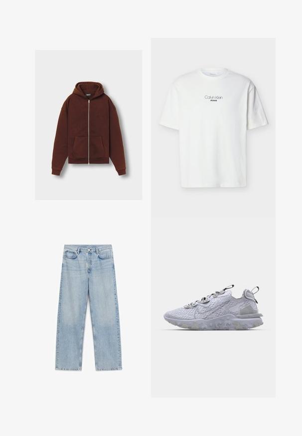 Sudadera con cremallera en color marrón, fabricada en un material suave, que cuenta con un bolsillo frontal, capucha y puños acanalados. Diseño sencillo con un mínimo de marca en la manga.; Camiseta blanca de manga corta con "Calvin Klein JEANS" impreso en negro centrado en el pecho sobre un fondo liso.; Vaqueros azul claro de corte recto, con bolsillos delanteros y traseros, trabillas para cinturón y cierre de botón y cremallera.; Zapatilla deportiva de color gris claro con parte superior de malla transpirable, suela de goma texturizada y acentos reflectantes. Cuenta con un cuello acolchado y diseño de cordones.