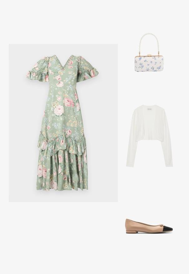Witte geknipte cardigan, lange mouwen, zachte brei textuur, open voorkant ontwerp, label met de tekst "ANNA FIELD", minimalistische stijl zonder sluitingen.; Floral maxi-jurk in zacht groen met een V-hals, pofmouwen, ruches en een gelaagde zoom. Bevat roze rozen en kleine blauwe bloemen.; Beige leren balletschoen met een zwarte neus en een klein strikje aan de voorkant, voorzien van een lage blokhak voor extra steun.; Witte rechthoekige clutch met blauw bloemenpatroon en een handvat van parelkralen met hardware in goudtint en een sluiting met klemsluiting.