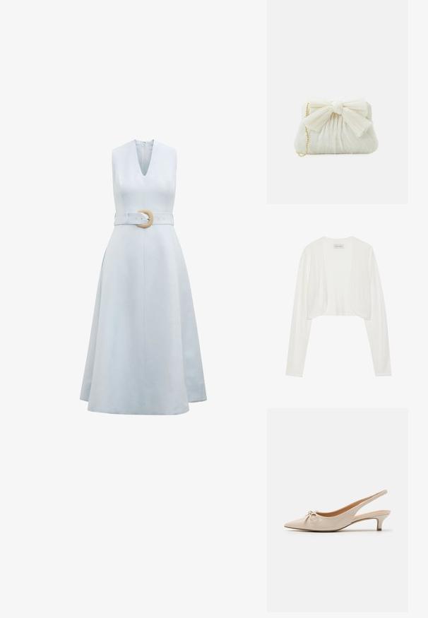 Cárdigan corto blanco, de mangas largas, textura de punto suave, diseño de frente abierto, etiqueta que dice "ANNA FIELD", estilo minimalista sin cierres.; Vestido midi azul claro sin mangas con escote en V y cinturón ancho a juego con hebilla redondeada tejida en la cintura.; Tacones slingback de charol beige con puntera afilada y un lazo decorativo en el empeine. Incluyen un tacón bajo y estilizado con una textura suave.; Bolso de mano plisado blanco con un destacado detalle de lazo y una correa de cadena dorada. Textura suave con un diseño fruncido en la parte frontal.