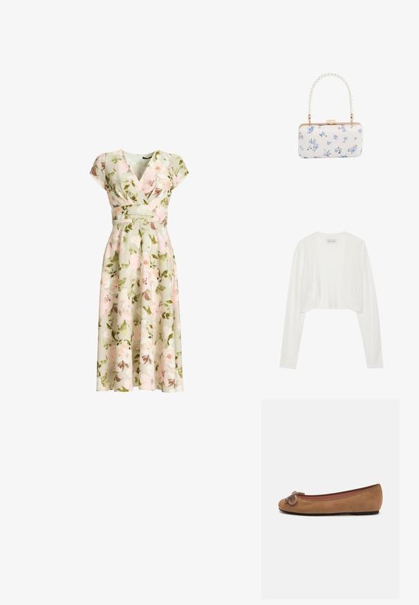 Weißer, cropped Cardigan, lange Ärmel, weiche Stricktextur, offenes Frontdesign, Etikett trägt "ANNA FIELD", minimalistischer Stil ohne Verschlüsse.; Grünes florales Wickelkleid mit kurzen Ärmeln, tailliertem Schnitt und A-Linien-Midirock mit rosa und weißen Blumen und grünen Blättern.; Braune Wildleder-Balletschuhe mit einer runden Zehenpartie, die vorn mit einem dekorativen Seilknoten verziert sind und eine flache Sohle haben.; Weiße rechteckige Clutch mit blauem Blumenmuster und einem Perlen-griff mit goldfarbenen Beschlägen und Verschluss.