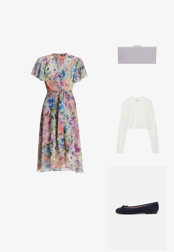 Hvid cropped cardigan, lange ærmer, blød strikstruktur, åben frontdesign, mærket siger "ANNA FIELD", minimalistisk stil uden lukninger.; Blomsterindpakket kjole med pastelblå, lilla og lyserøde blomster, flagrende ærmer, V-udskæring og matchende stofbælte bundet i taljen.; Mørkeblå ruskinds ballet flade med rund tå og knyttet detalje på tåen. Lav, fleksibel sål for komfort. Simpel og strømlinet design.; Rektangulær lavendel clutch lavet af tekstureret materiale med glatte kanter. Har en sølv spænde lukning på toppen.