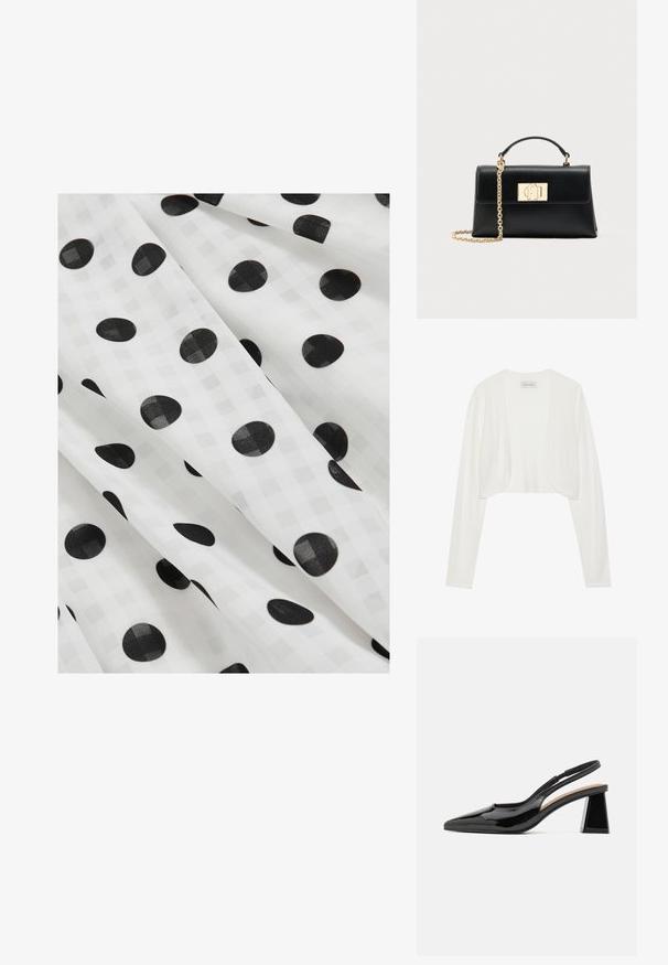 Witte geknipte cardigan, lange mouwen, zachte brei textuur, open voorkant ontwerp, label met de tekst "ANNA FIELD", minimalistische stijl zonder sluitingen.; Witte stof met vloeiende plooien, met een subtiele geruite textuur en gelijkmatig verspreide grote zwarte stippen.; Zwarte gepatineerde slingback hakken met een spitse neus, voorzien van een unieke geometrische blokhak en een gladde textuur. Verstelbare band voor ondersteuning.; Zwarte leren handtas met een gestructureerde vorm, voorzien van een bovenhandgreep en een kettingriem met goudkleurige schakels. Decoratieve gouden hardware met logodetail.
