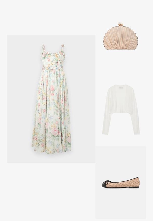 Weißer, cropped Cardigan, lange Ärmel, weiche Stricktextur, offenes Frontdesign, Etikett trägt "ANNA FIELD", minimalistischer Stil ohne Verschlüsse.; Maxikleid mit floralem Muster, einem gerafften Oberteil, gerafften Trägern und einem pastellfarbenen Rosé- und blauen Blumenmuster auf einem hellen Hintergrund.; Ballerinas aus hellbeigem, ge quiltetem Leder mit schwarzer Lackspitze und Schleifendetail. Schlanker Schnitt mit mattem Finish und dezentem Nähten.; Clutch-Tasche in Form einer Muschel mit plissiertem beigefarbenem Stoff und zwei perlenähnlichen Perlen als Verschluss oben.
