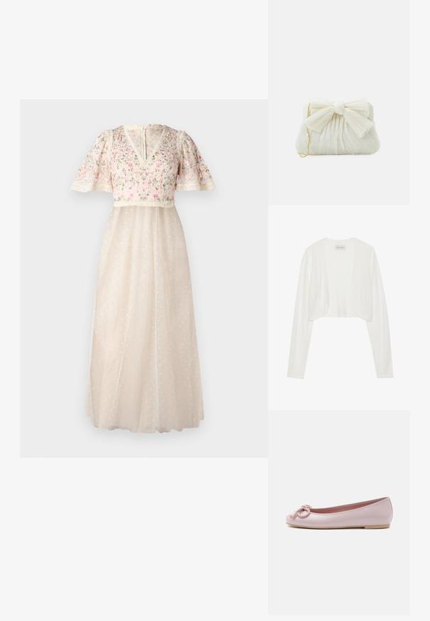 Valkoinen lyhyt neuletakki, pitkät hihat, pehmeä neulepinta, avoin etuosa, tarrassa lukee "ANNA FIELD", minimalistinen tyyli ilman sulkijoita.; Needle & Thread ROSIE SHORT SLEEVE BALLERINA DRESS - Iltapuku - cream; Vaaleanpunainen lakerinahkainen ballerinakenkä pyöreällä kärjellä, edessä kiertynyt nyörirusetti ja vaalea beige pohja valkoisella taustalla.; Valkoinen poimutettu clutch-laukku, jossa on näyttävä nauhatyyny ja kultaketjuolkaimi. Pehmeä pinta, jossa on rypytetty muotoilu edessä.