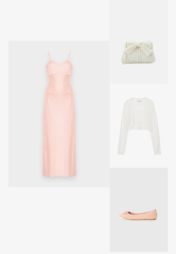 Biely skrátený cardigan, dlhé rukávy, mäkká pletená textúra, otvorený predný dizajn, štítok s nápisom "ANNA FIELD", minimalistický štýl bez zapínania.; Dlhé, svetloružové saténové šaty s tenkými ramienkami a priliehavým živôtikom, zobrazené na jednoduchom bielom pozadí.; Balerínky v svetloružovej syntetickej látke s okrúhlou špičkou, s malou mašľou a flexibilnou podrážkou.; Biela skládacia kabelka s výrazným detailom mašle a zlatým reťazovým popruhom. Mäkká textúra s nariaseným dizajnom na prednej strane.
