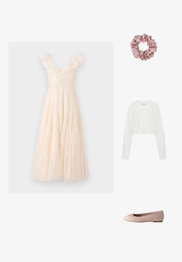 Cardigan blanc court, manches longues, texture tricotée douce, design à l'avant ouvert, étiquette indiquant "ANNA FIELD", style minimaliste sans fermetures.; Robe de couleur crème avec des bretelles froncées, ornée de sequins scintillants, jupe fluide et corsage ajusté.; Chaussure de ballet plate rose clair avec un petit nœud sur le bout arrondi et un talon bas, vue de côté.; Chouchou en satin rose avec de petites perles décoratives et une petite étiquette en tissu sur fond blanc.