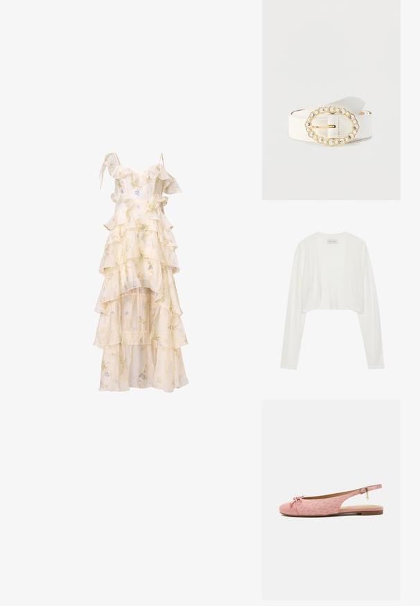 Biely skrátený cardigan, dlhé rukávy, mäkká pletená textúra, otvorený predný dizajn, štítok s nápisom "ANNA FIELD", minimalistický štýl bez zapínania.; Šaty s kvetinovým vzorom a vrstvenými volánmi, na tenkých ramienkach a asymetrickým spodkom. Vyrobené z ľahkej, splývavej textílie v jemných krémových a pastelových farbách.; Ružový plochý slingback topánka z textúrovanej látky, mašľa na zaoblenom špičke, členkový remienok so zlatou prackou a ozdobou a nízka hnedá podrážka.; Biely kožený opasok s oválnou zlatou prackou ozdobenou čistými kameňmi a malými perlami, navrhnutý s hladkým povrchom a bez viditeľného vzoru.