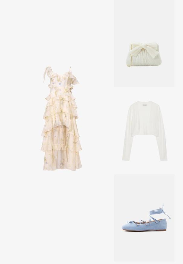 Hvid cropped cardigan, lange ærmer, blød strikstruktur, åben frontdesign, mærket siger "ANNA FIELD", minimalistisk stil uden lukninger.; Blomstret kjole med lagdelte volanger, spaghetti stropper og en høj-lav kant. Fremstillet af let, flydende stof i blød creme og pastelfarver.; Lyseblå ruskind balletflat med snøresnore, der omslutter anklen, og en lille sløjfe på tåen.; Hvid plisseret clutch-taske med en fremtrædende sløjfedetalje og en guldkædetras. Blød tekstur med et samlet design på forsiden.