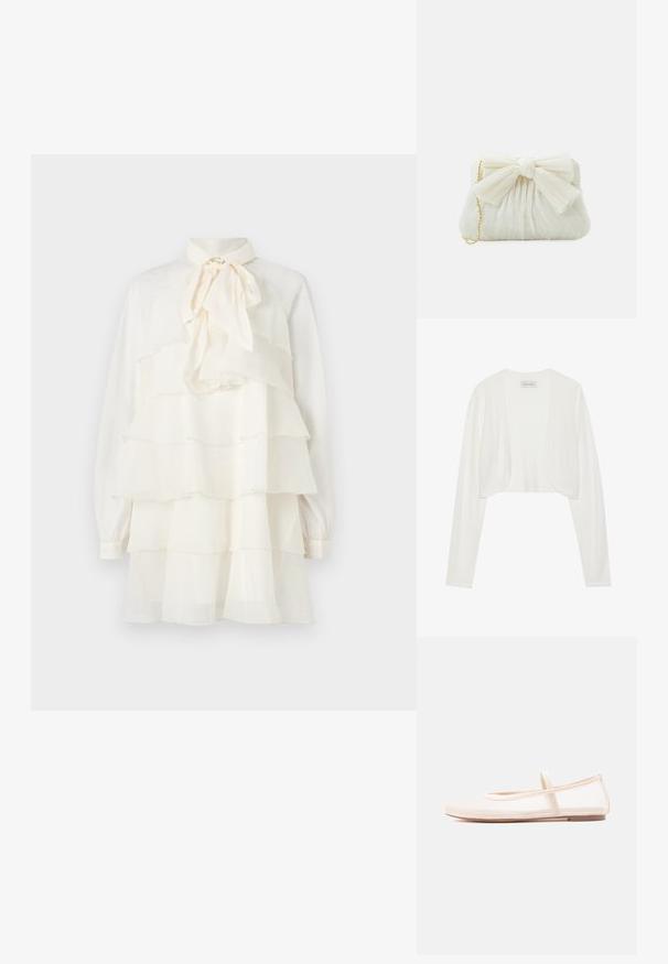 Λευκό κοντό cardigan, μακριά μανίκια, μαλακή πλεκτή υφή, ανοιχτό σχέδιο μπροστά, η ετικέτα αναγράφει "ANNA FIELD", μινιμαλιστικό στυλ χωρίς κλεισίματα.; Λευκό φόρεμα σε tiered γραμμή με λαιμόκοψη που δένει μ Bow, στρωτές ρυτίδες, μακριά μανίκια και κουμπωτό μανίκι; ελαφρύ ύφασμα με λεία υφή.; Μπαλαρίνες με διαφανές μπεζ διχτυωτό επάνω μέρος και σατέν λουράκι, με στρογγυλεμένη μύτη και καφέ χαμηλή σόλα. Ελαφρύ και ευέλικτο σχέδιο.; Λευκή πλισέ τσάντα clutch με έντονη λεπτομέρεια σε φιόγκο και χρυσή αλυσίδα. Μαλακή υφή με συγκεντρωμένο σχέδιο στο μπροστινό μέρος.