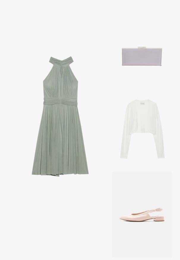 Witte geknipte cardigan, lange mouwen, zachte brei textuur, open voorkant ontwerp, label met de tekst "ANNA FIELD", minimalistische stijl zonder sluitingen.; Een mintgroene halterjurk met een geplooide rok, gathered lijfje en gestructureerde tailleband. Gemaakt van lichte stof.; Glanzende lichtroze slingback platte schoen met lage blokhak en verstelbare, merkgebonden band op een lichte achtergrond.; Rechthoekige lavendelkleurige clutch van textuurmateriaal met gladde randen. Voorzien van een zilveren klapsluiting aan de bovenkant.