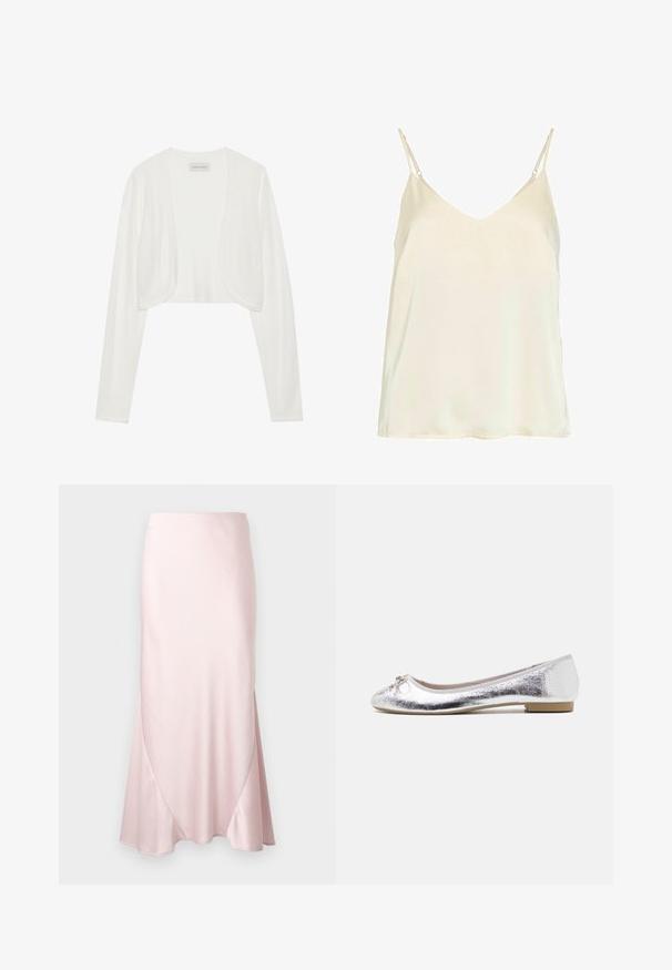 Cardigan blanc court, manches longues, texture tricotée douce, design à l'avant ouvert, étiquette indiquant "ANNA FIELD", style minimaliste sans fermetures.; Haut débardeur couleur crème sans manches avec fines bretelles réglables et encolure en V.; Jupe midi en satin rose clair avec une silhouette évasée en A et des détails subtils de coutures diagonales sur un fond uni.; Ballerines argentées avec une finition métallique, bout arrondi, accent de nœud à l'avant et un petit talon pour plus de confort.