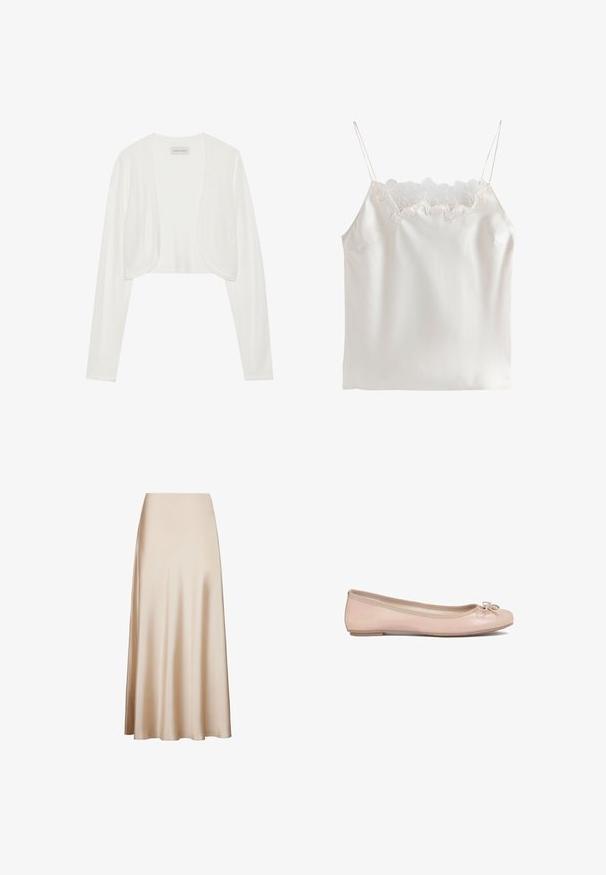 Hvid cropped cardigan, lange ærmer, blød strikstruktur, åben frontdesign, mærket siger "ANNA FIELD", minimalistisk stil uden lukninger.; Hvid satin camisole med tynde stropper og blomsterblonde langs den firkantede udskæring.; Satin midi-nederdel i beige med en glat tekstur og en udvidet design fra talje til søm, med en A-formet silhuet. Ingen synlige mønstre eller accenter.; Lyselyserøde balletflade lavet af blankt materiale, med en rund tå og en lille sløjfe med en dekorativ detalje foran.