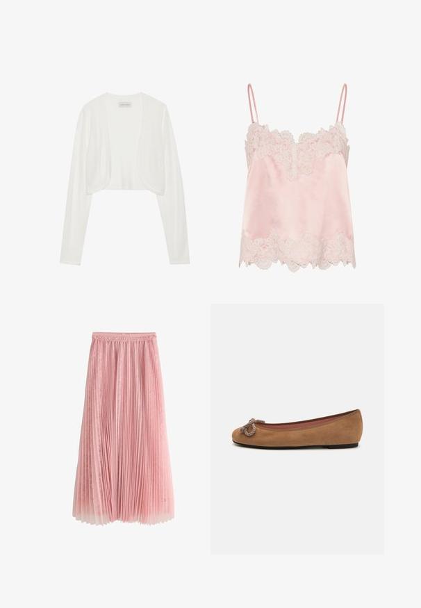 Biely skrátený cardigan, dlhé rukávy, mäkká pletená textúra, otvorený predný dizajn, štítok s nápisom "ANNA FIELD", minimalistický štýl bez zapínania.; Svetloružová saténová košieľka s bielou čipkovou lemovkou pozdĺž výstrihu a lemu, s tenkými nastaviteľnými ramienkami.; Ružová plisovaná midi sukňa s čipkovanou podšívkou a nariaseným pásom, zobrazená na bielom pozadí.; Hnedé semišové baletky s okrúhlou špičkou, zdobené dekoratívnym uzlom z lana na prednej strane a plochou podrážkou.