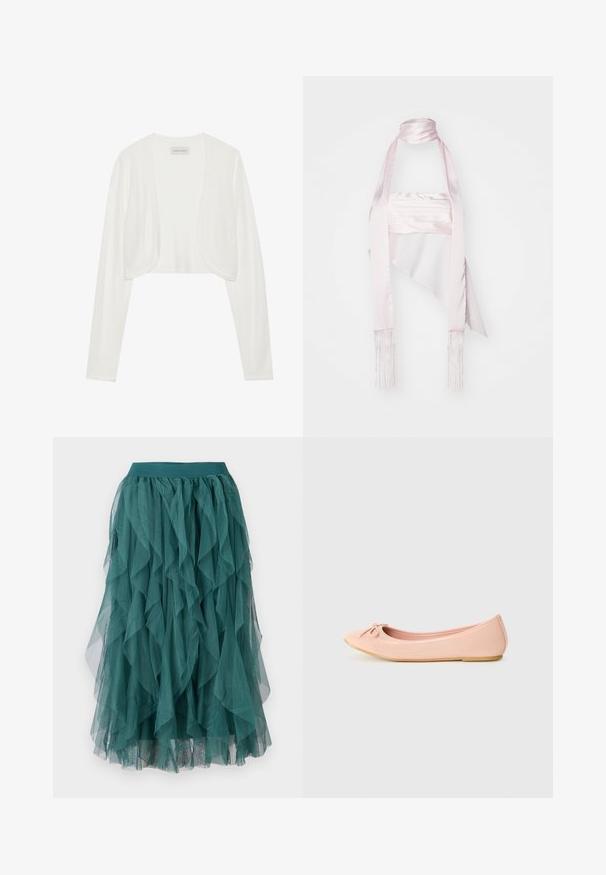 Witte geknipte cardigan, lange mouwen, zachte brei textuur, open voorkant ontwerp, label met de tekst "ANNA FIELD", minimalistische stijl zonder sluitingen.; Roze satijnen sjaal met een lange ontwerp, voorzien van franjes en een slanke strik. De gladde textuur en de gedrapeerde vorm versterken de elegantie.; Teal tule rok met gelaagde ruches, voorzien van een elastische tailleband en een vloeiende textuur. De stof is lichtgewicht en transparant.; Balletflat in lichtroze synthetisch materiaal met een ronde neus, voorzien van een klein strikdetail en een flexibele zool.