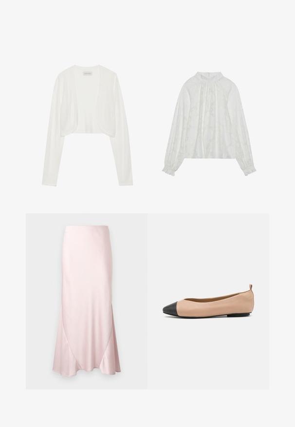 Biely skrátený cardigan, dlhé rukávy, mäkká pletená textúra, otvorený predný dizajn, štítok s nápisom "ANNA FIELD", minimalistický štýl bez zapínania.; Biela blúzka s dlhým rukávom, s textúrovaným kvetinovým vzorom, zberaným výstrihom a elastickými manžetami. Mäkko, ľahký materiál.; Svetloružová midi sukňa zo saténu s A-čkovým strihom a jemnými diagonálnymi švami na jednoliatej podložke.; Kožené balerínky s telovou farbou a čiernym špičkovým detailom. Majú minimalistický dizajn, hladkú textúru a malý zadný pútko pre jednoduché obutie.