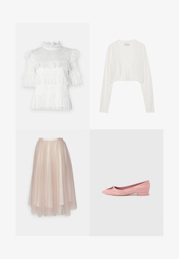 Witte geknipte cardigan, lange mouwen, zachte brei textuur, open voorkant ontwerp, label met de tekst "ANNA FIELD", minimalistische stijl zonder sluitingen.; Witte kanten blouse met korte, gerimpelde mouwen, hoge halslijn en gelaagde franje-details. Geweven bloemmotief over de gehele blouse.; Ida Sjöstedt FLAWLESS SKIRT - A-lijn rok - warm beige; Roze lakleren ballerina met een puntige neus, voorzien van een klein strikdetail op de wreef en een lage, vierkante hak.