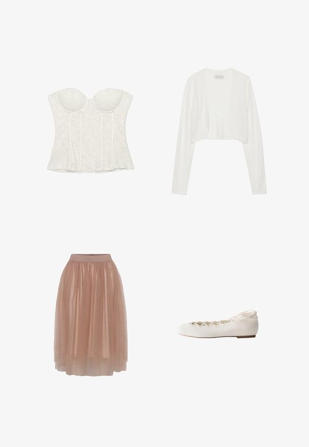 Cardigan blanc court, manches longues, texture tricotée douce, design à l'avant ouvert, étiquette indiquant "ANNA FIELD", style minimaliste sans fermetures.; Bustier blanc sans bretelles en dentelle avec bonnets moulés et baleinage vertical.; Jupe en tulle de couleur nude douce avec une taille élastique ajustée, comprenant des couches de tissu léger et transparent, au toucher lisse.; Ballerine blanche avec lacets croisés devant et attache à la cheville, semelle plate et bout arrondi, vue de profil.