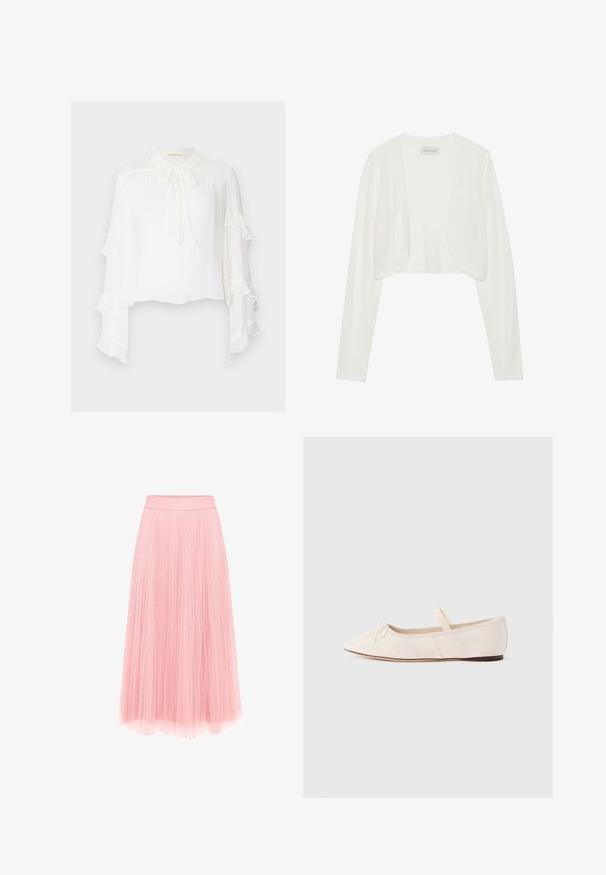 Cardigan blanc court, manches longues, texture tricotée douce, design à l'avant ouvert, étiquette indiquant "ANNA FIELD", style minimaliste sans fermetures.; Blouse blanche à manches longues évasées avec des bords ondulés. Col montant avec un détail à nouer et tissu léger et texturé.; zero MIT PLIESSENDEM BECHER - Jupe plissée - bridal rose; Ballerines en daim beige clair, bout pointu et fine bride élastique sur le dessus. Semelle plate avec un léger accent en caoutchouc.